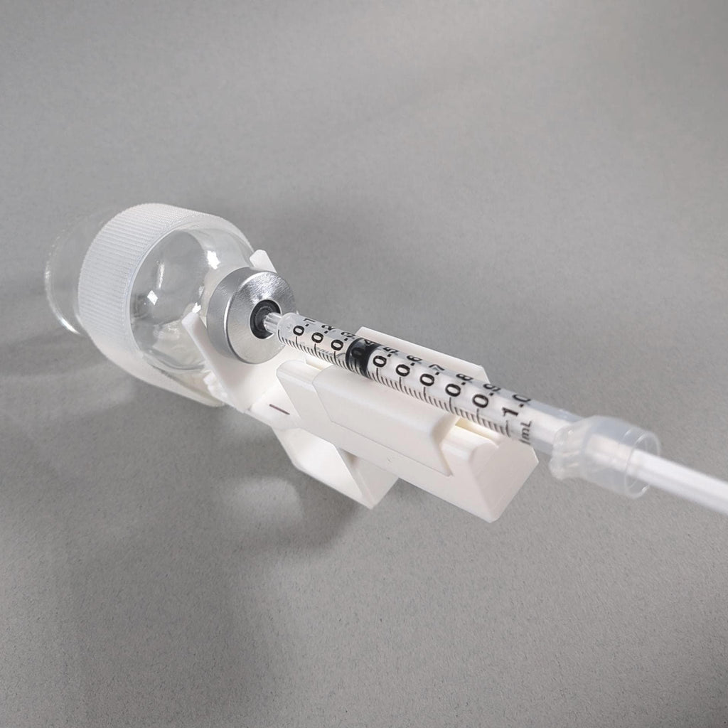 Adjustable Syringe Guide and Vial Holder with User-Friendly Finger Handle for 2 - 30 mL Vials